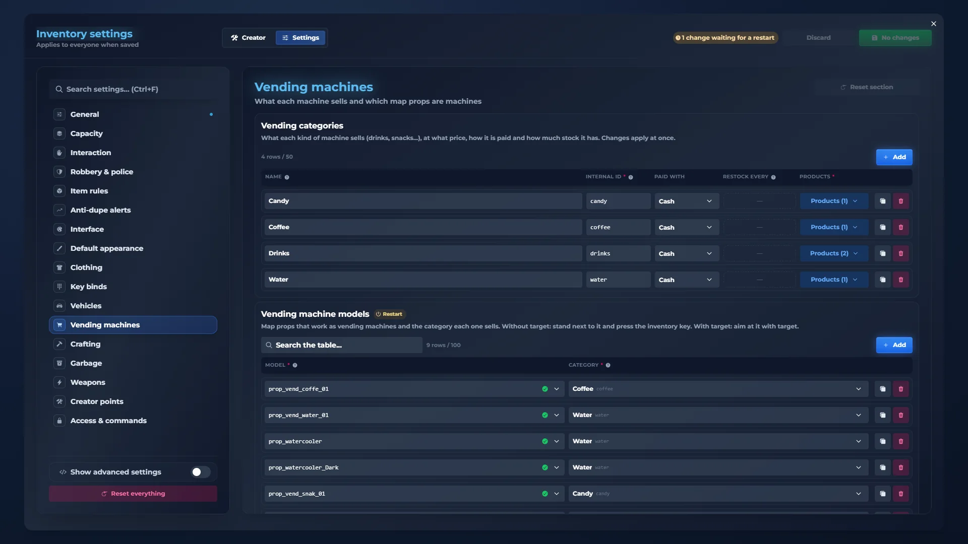 qs-inventory admin panel: Vending. What each machine sells